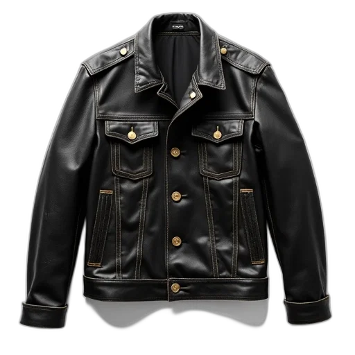 jacket, black, leather, button-up, front, two, chest, pockets transparent PNG cut-out