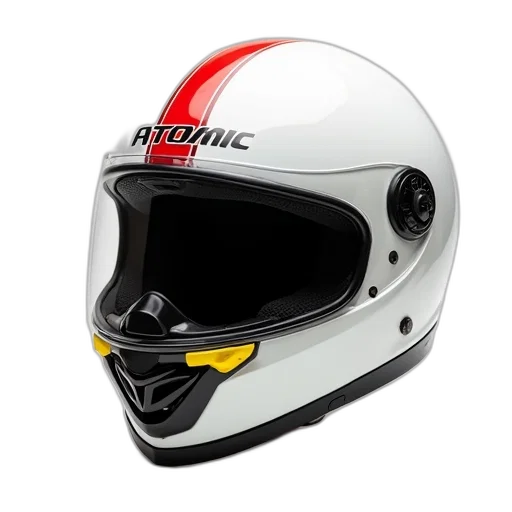 photorealistic, 3d render, white, black, motorcycle, helmet, word, atomic transparent PNG cut-out