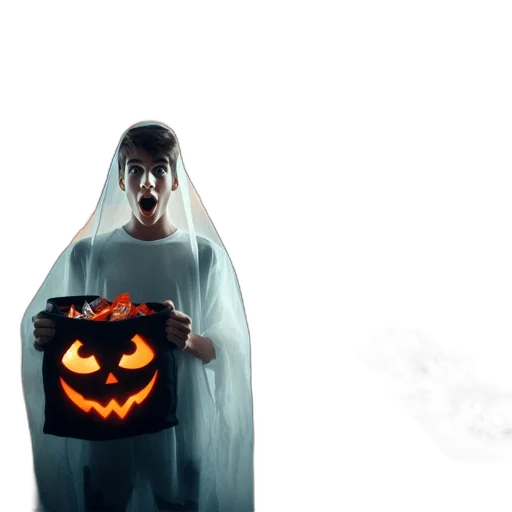 mask, concept art, individual, wearing, ghostly, costume, carries, candy-filled transparent PNG cut-out