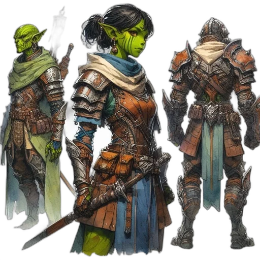 concept art, fantasy art, comic book art, green, earth tones, neon, dark, three transparent PNG cut-out