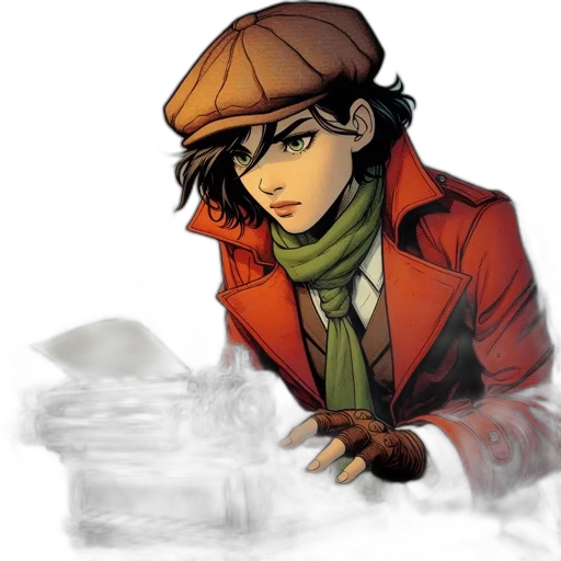 hat, jacket, face, comic book art, concept art, fantasy art, photorealistic, red transparent PNG cut-out