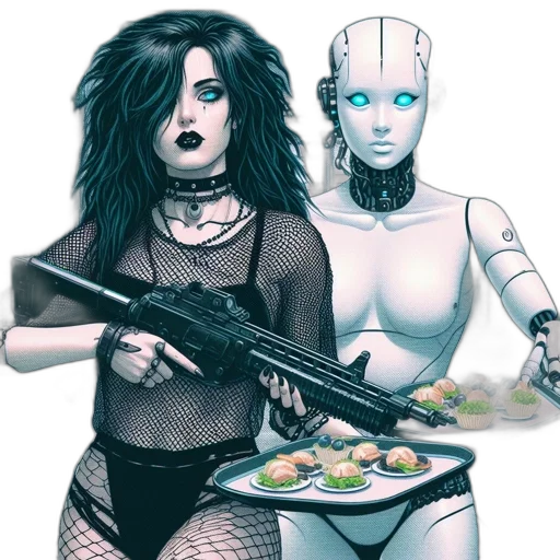 robot, food, cyberpunk, comic book art, concept art, vaporwave, neon lights, two transparent PNG cut-out