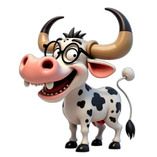 animal, 3d render, concept art, photorealistic, cartoon, bull, exaggerated, features transparent PNG cut-out