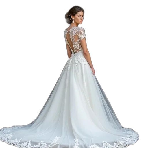 dress, woman, white, wedding, lace, details, standing, front transparent PNG cut-out