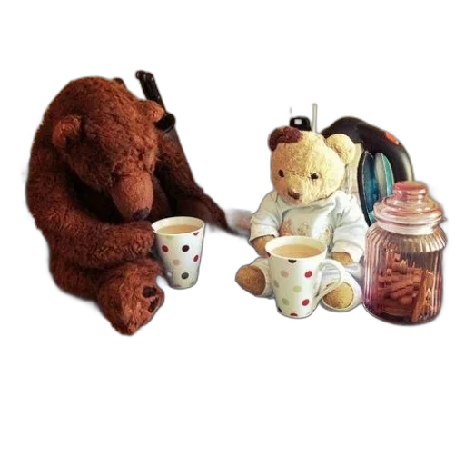 forest, two, teddy, bears, sit, kitchen, counter, cups transparent PNG cut-out