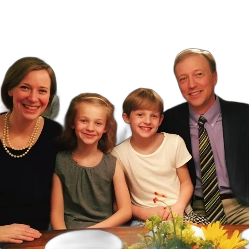 family, four, sit, dining, table, well-lit, room, shelf transparent PNG cut-out
