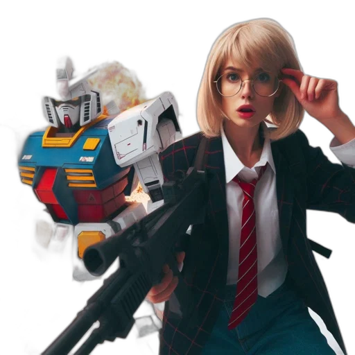 robot, weapon, jacket, concept art, pixel art, 3d render, cyberpunk, young transparent PNG cut-out