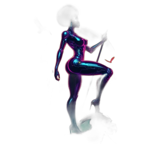 robot, creature, staff, dress, concept art, 3d render, pixel art, cyberpunk transparent PNG cut-out