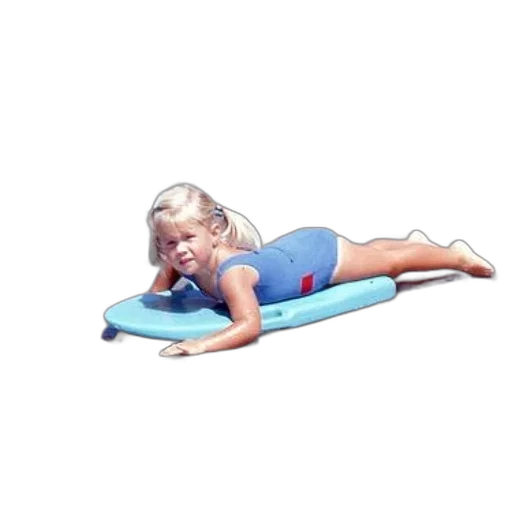 young, girl, blue, swimsuit, lies, her, stomach, surfboard transparent PNG cut-out