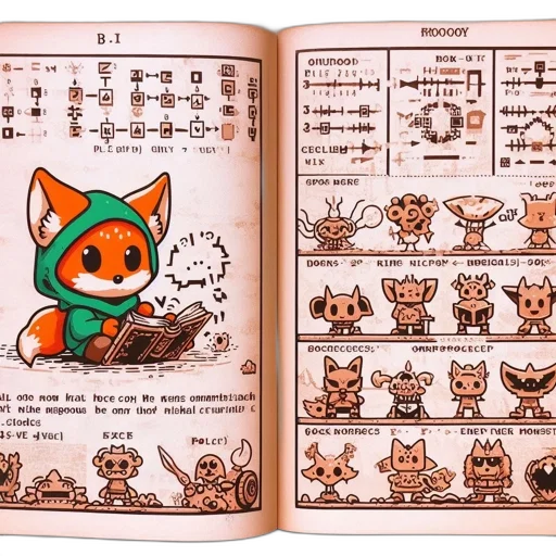 concept art, illustration, features, fox-like, character, reading, book, while transparent PNG cut-out