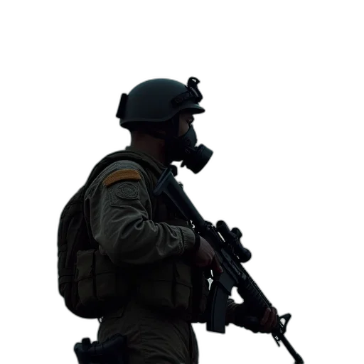 weapon, staff, mask, jacket, concept art, 3d render, photorealistic, pixel art transparent PNG cut-out