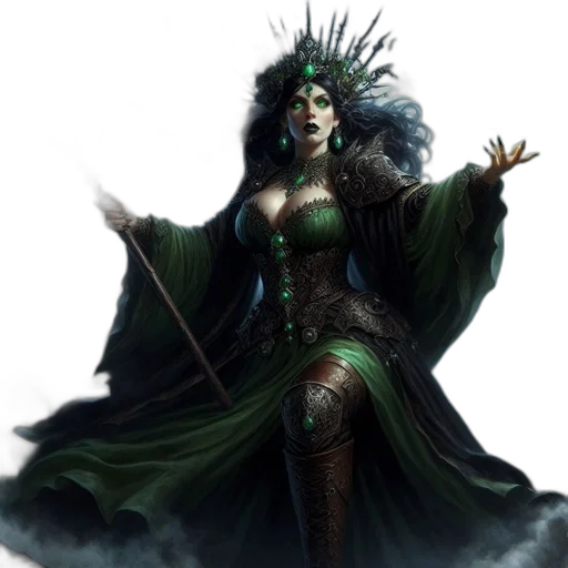 dress, staff, fantasy art, concept art, comic book art, pixel art, green, dark transparent PNG cut-out