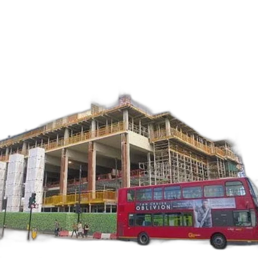 building, 3d render, red, double-decker, bus, passes, construction, site transparent PNG cut-out