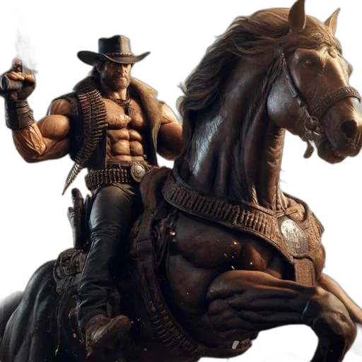 concept art, comic book art, photorealistic, 3d render, muscular, cowboy, rides, brown transparent PNG cut-out