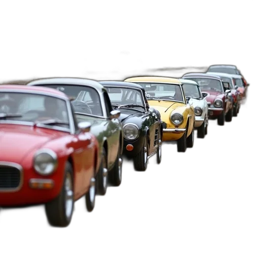 car, 3d render, photorealistic, row, vintage, cars, parked, dirt transparent PNG cut-out