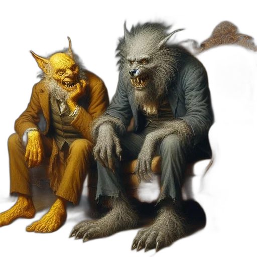 creature, concept art, fantasy art, comic book art, forest, two, figures, occupy transparent PNG cut-out