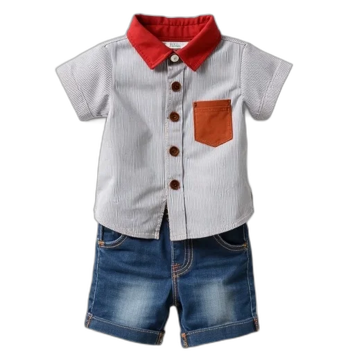 jacket, toddler, outfit, consisting, short-sleeved, button-up, shirt, striped transparent PNG cut-out