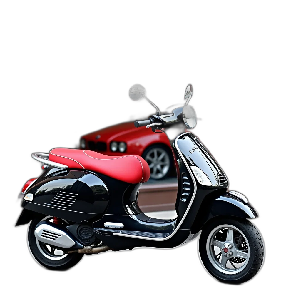 3d render, photorealistic, concept art, black, red, motor, scooter, parked transparent PNG cut-out