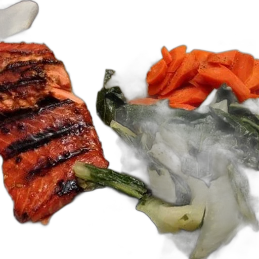 food, photorealistic, 3d render, plate, featuring, grilled, salmon, steamed transparent PNG cut-out