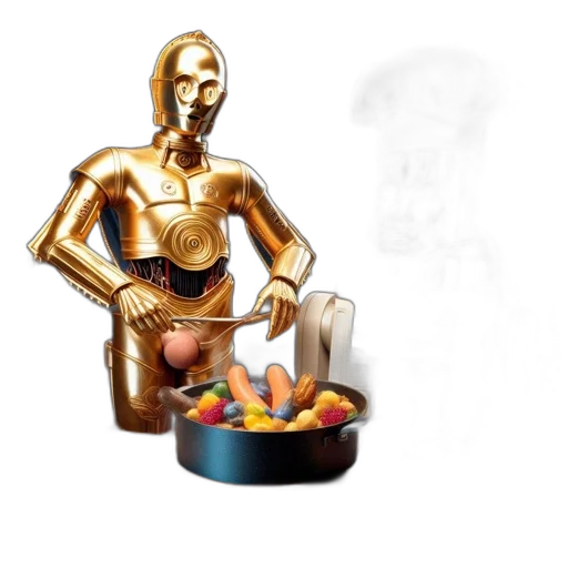 robot, food, staff, concept art, 3d render, outer space, golden, c-3po transparent PNG cut-out