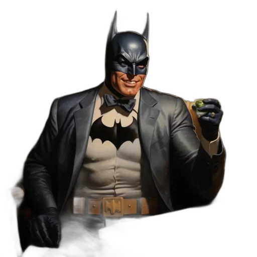 comic book art, concept art, photorealistic, pixel art, batman, sits, wooden, table transparent PNG cut-out
