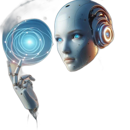 robot, concept art, cyberpunk, 3d render, photorealistic, anthropomorphic, interacts, holographic transparent PNG cut-out