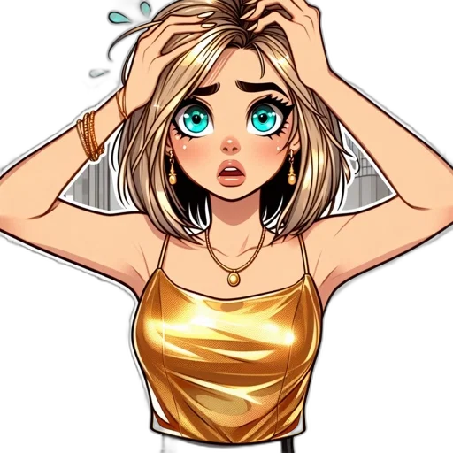 dress, jewelry, face, cartoon, anime, pixel art, concept art, golden transparent PNG cut-out