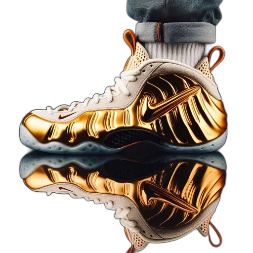shoes, concept art, 3d render, photorealistic, golden, close-up, photo, nike transparent PNG cut-out
