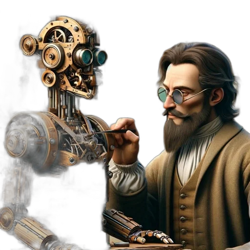 robot, concept art, cyberpunk, fantasy art, 3d render, man, beard, glasses transparent PNG cut-out