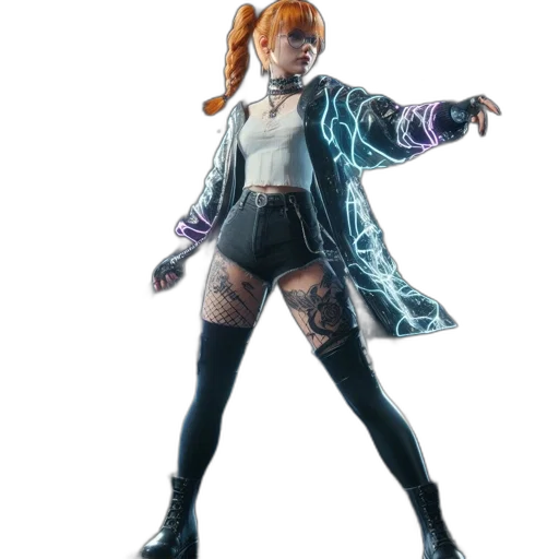 jacket, dress, staff, weapon, concept art, cyberpunk, 3d render, vaporwave transparent PNG cut-out