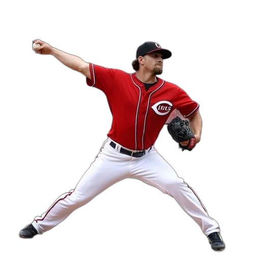 baseball, player, red, jersey, word, front, pitching, ball transparent PNG cut-out