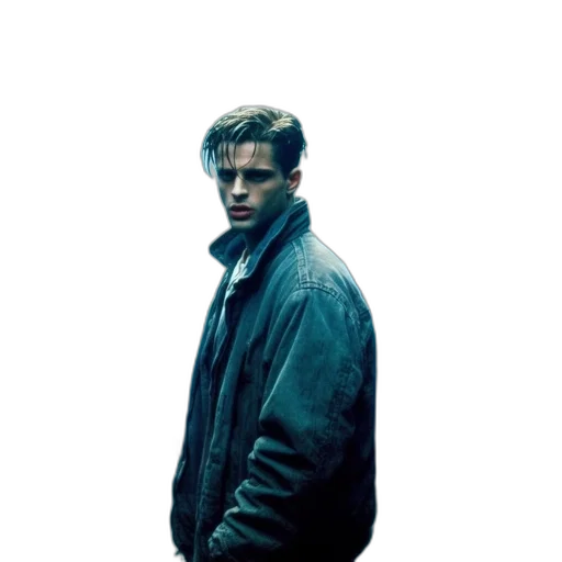 jacket, face, hair, weapon, cyberpunk, photorealistic, concept art, pixel art transparent PNG cut-out