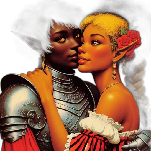 concept art, fantasy art, comic book art, fire, elven, couple, indoor, setting transparent PNG cut-out