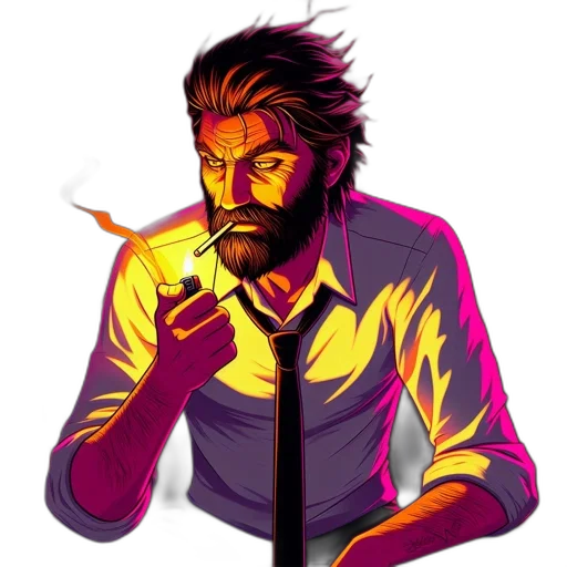 jacket, staff, concept art, pixel art, vaporwave, cyberpunk, neon lights, fire transparent PNG cut-out