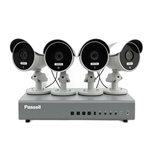set, four, security, cameras, displayed, against, white, background transparent PNG cut-out
