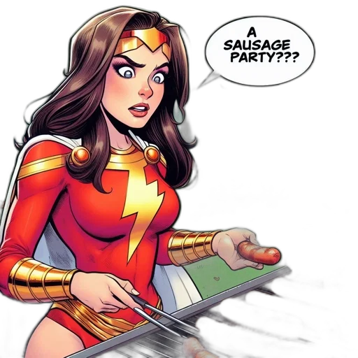comic book art, concept art, cartoon, female, superhero, clad, red, golden transparent PNG cut-out