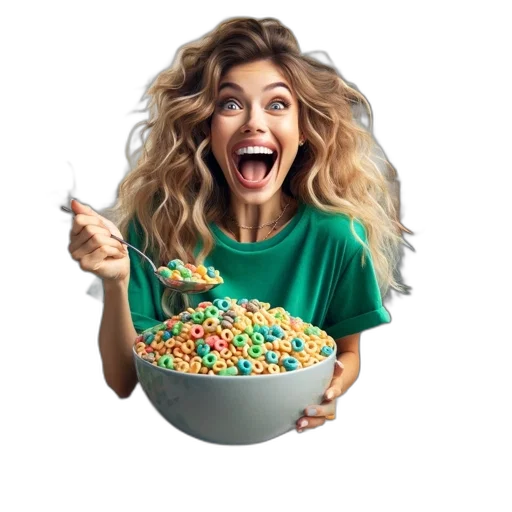 food, excited, woman, green, shirt, eats, cereal, bowl transparent PNG cut-out