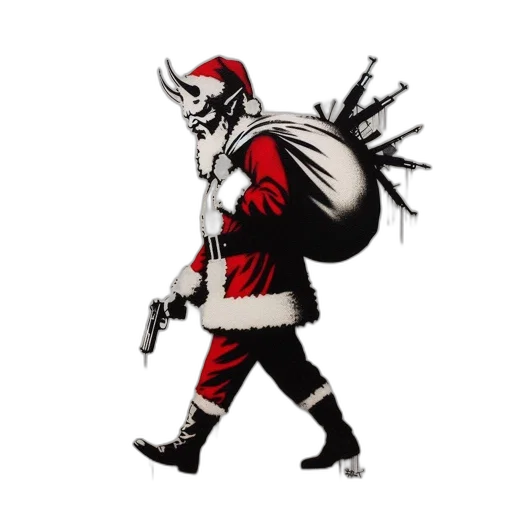 concept art, unconventional, santa, figure, donning, black, bodysuit, white transparent PNG cut-out