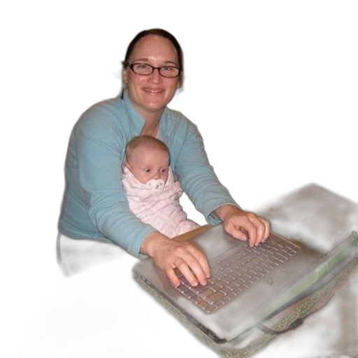 staff, photorealistic, woman, blue, shirt, sitting, table, baby transparent PNG cut-out