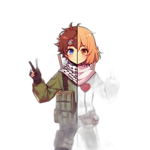 weapon, jacket, staff, pixel art, concept art, anime, cartoon, monochrome transparent PNG cut-out