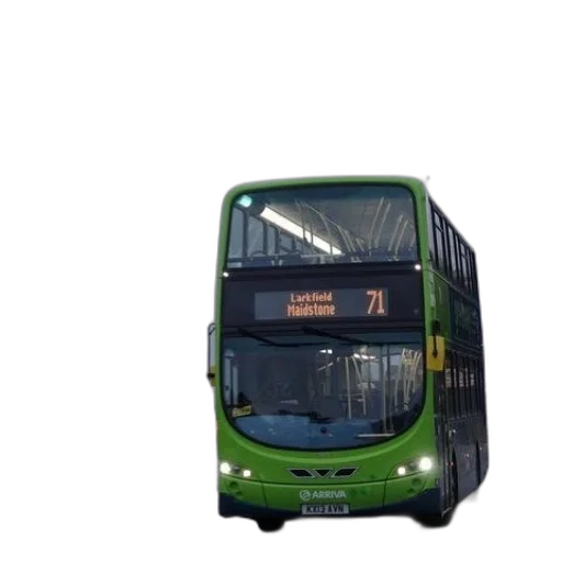 3d render, photorealistic, green, double-decker, bus, traveling, down, street transparent PNG cut-out