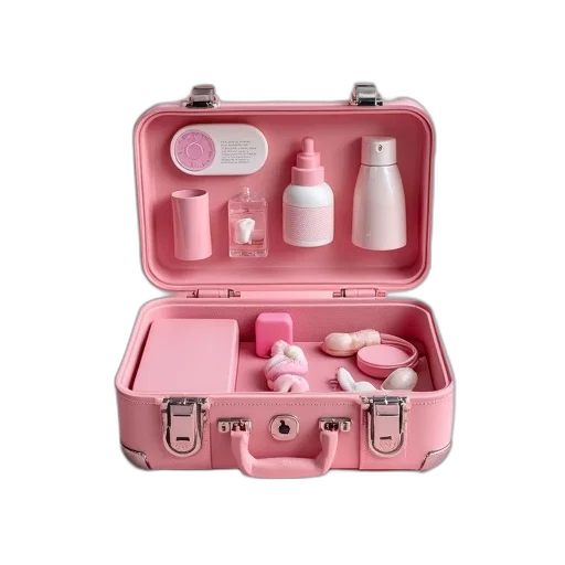 pink, toy, case, filled, different, items transparent PNG cut-out