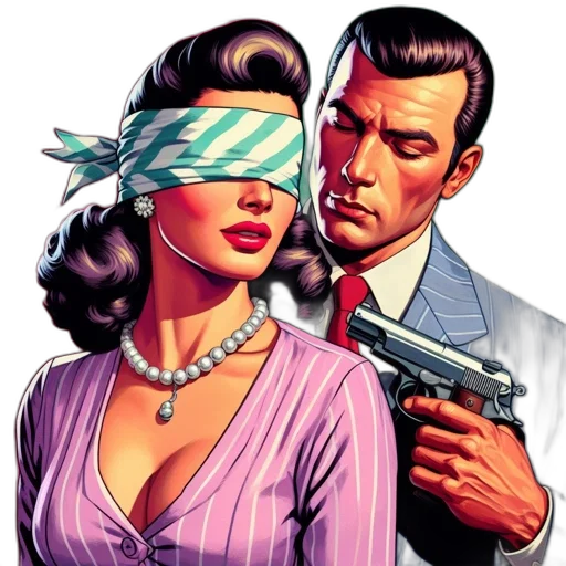 weapon, comic book art, concept art, cartoon, vintage, scene, blindfolded, woman transparent PNG cut-out