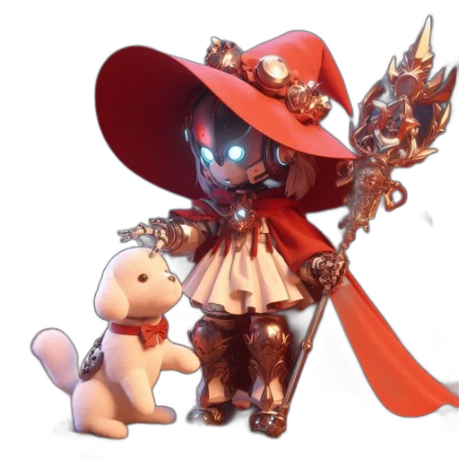 staff, weapon, hat, robot, concept art, fantasy art, 3d render, pixel art transparent PNG cut-out