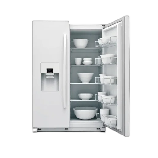 food, furniture, 3d render, white, refrigerator, door, open, revealing transparent PNG cut-out