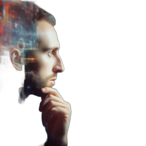 robot, cyberpunk, man, ponders, amidst, technologically-inspired, environment, alongside transparent PNG cut-out