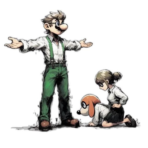 staff, concept art, comic book art, cartoon, pixel art, two, animated, characters transparent PNG cut-out