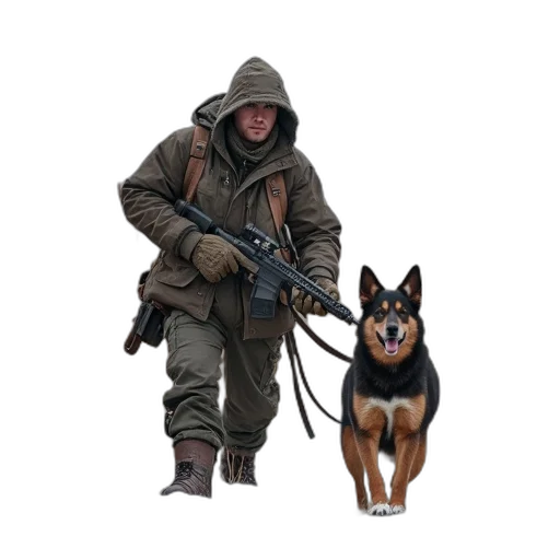 weapon, jacket, staff, animal, concept art, pixel art, photorealistic, fantasy art transparent PNG cut-out