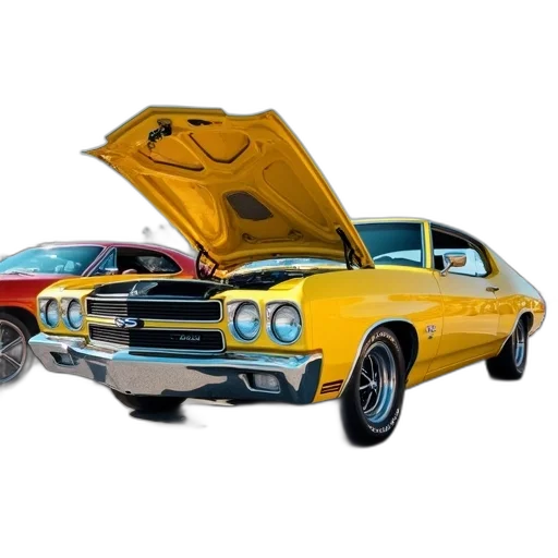 car, photorealistic, 3d render, concept art, classic, yellow, hood, open transparent PNG cut-out