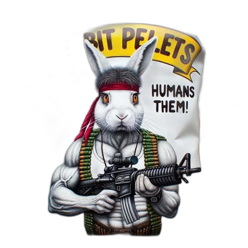 weapon, anthropomorphic, rabbit, wears, bandana, holds, gun, humorous transparent PNG cut-out